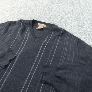 Merino Wool Sweater Mens L Gray V Neck Stripe Lightweight Pullover Grandpa Italy
